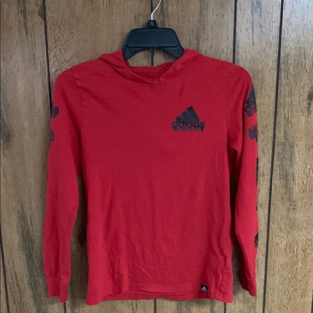 Adidas Logo Red Long Sleeve Hooded Tee Boys Size 10/12 M
